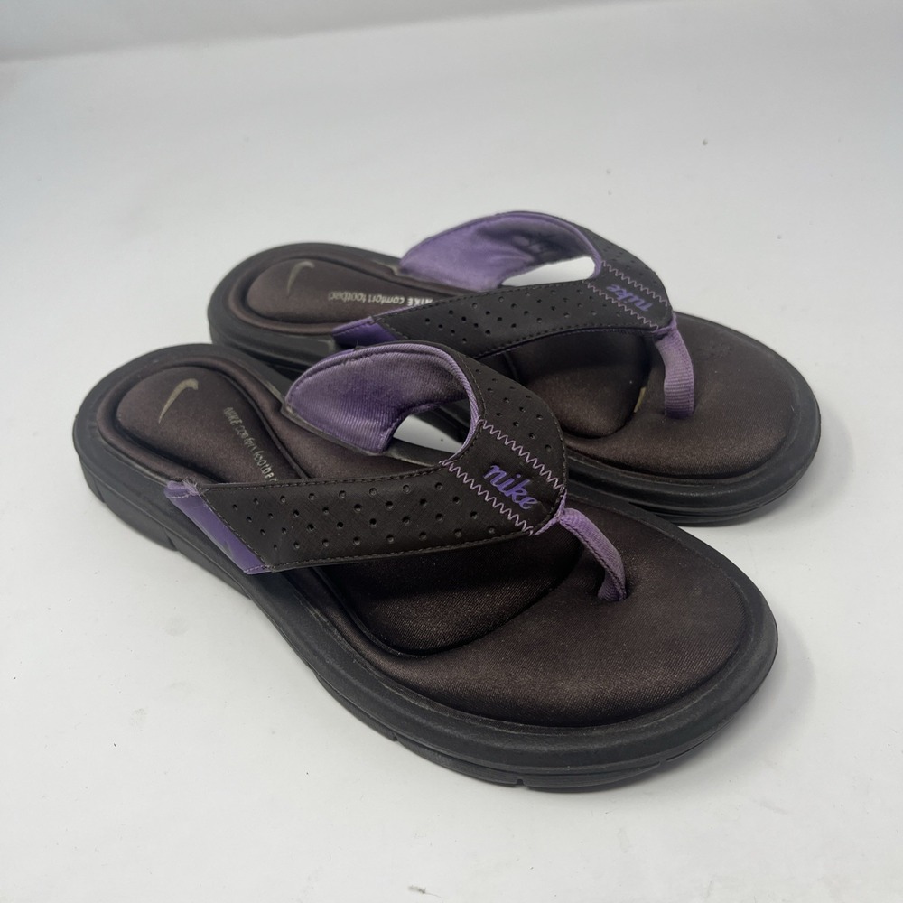 Nike Women Comfort Footbed Sandal Size 5 Brown Purple Thong Slide Flip-Flop Shoe